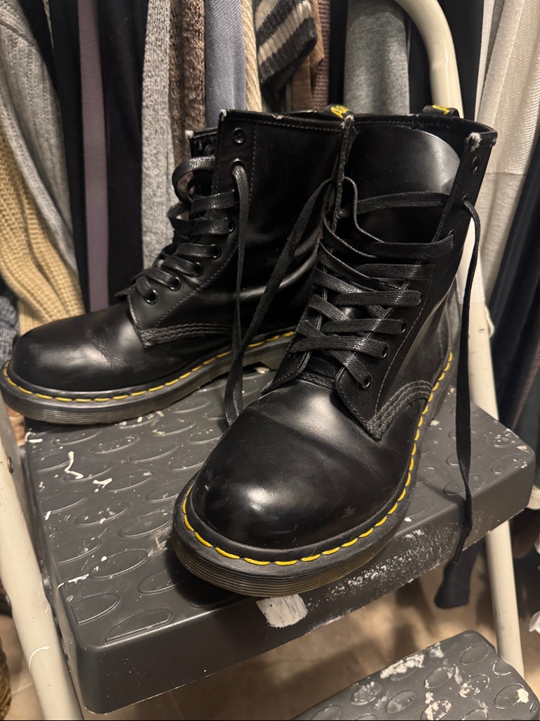 Dr. Martens Black Leather Ankle Boots With Yellow Stitching